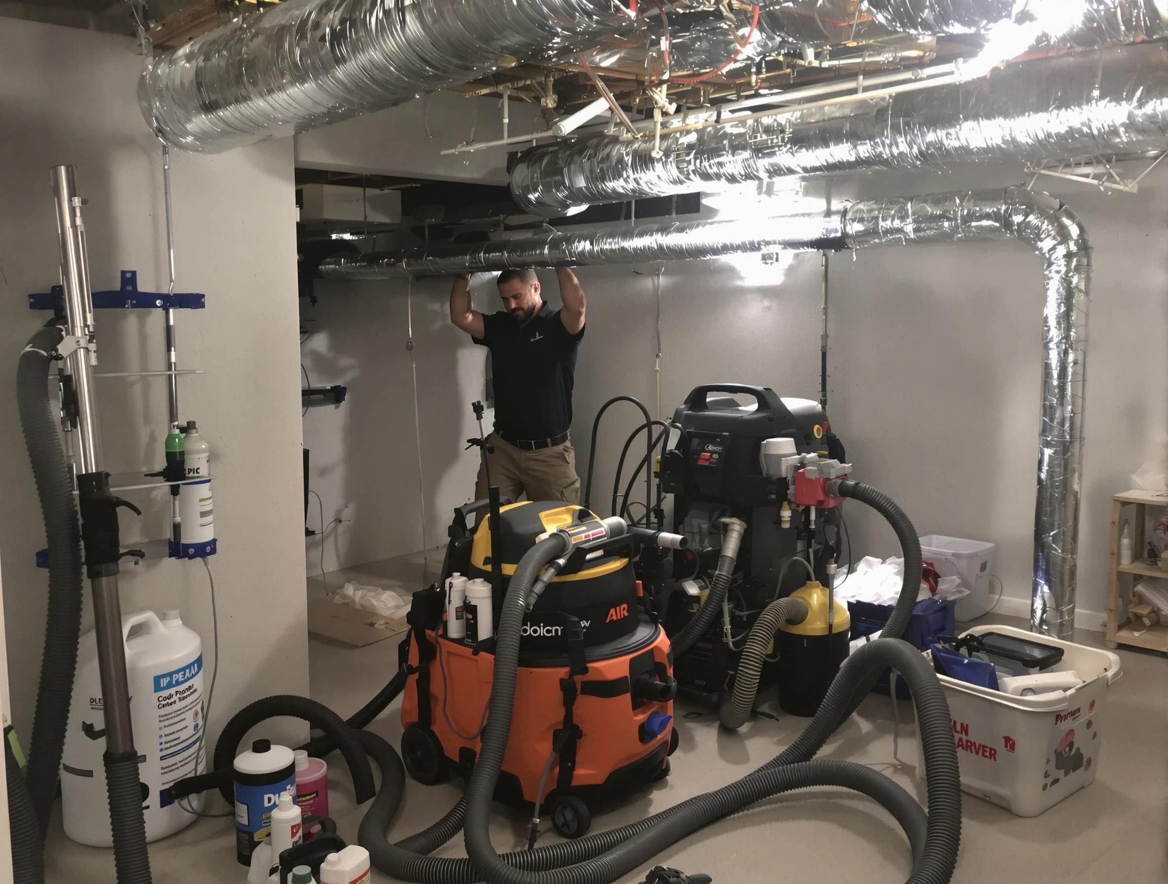 Forest Park Air Duct Cleaning specialist performing professional mold removal from air ducts using safety equipment in Forest Park